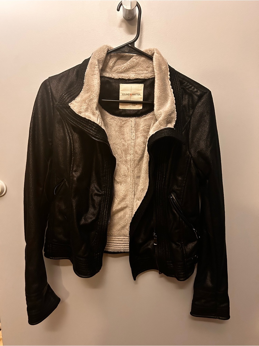 Sound & Matter Black Faux Leather Jacket with Cream Sherpa Collar